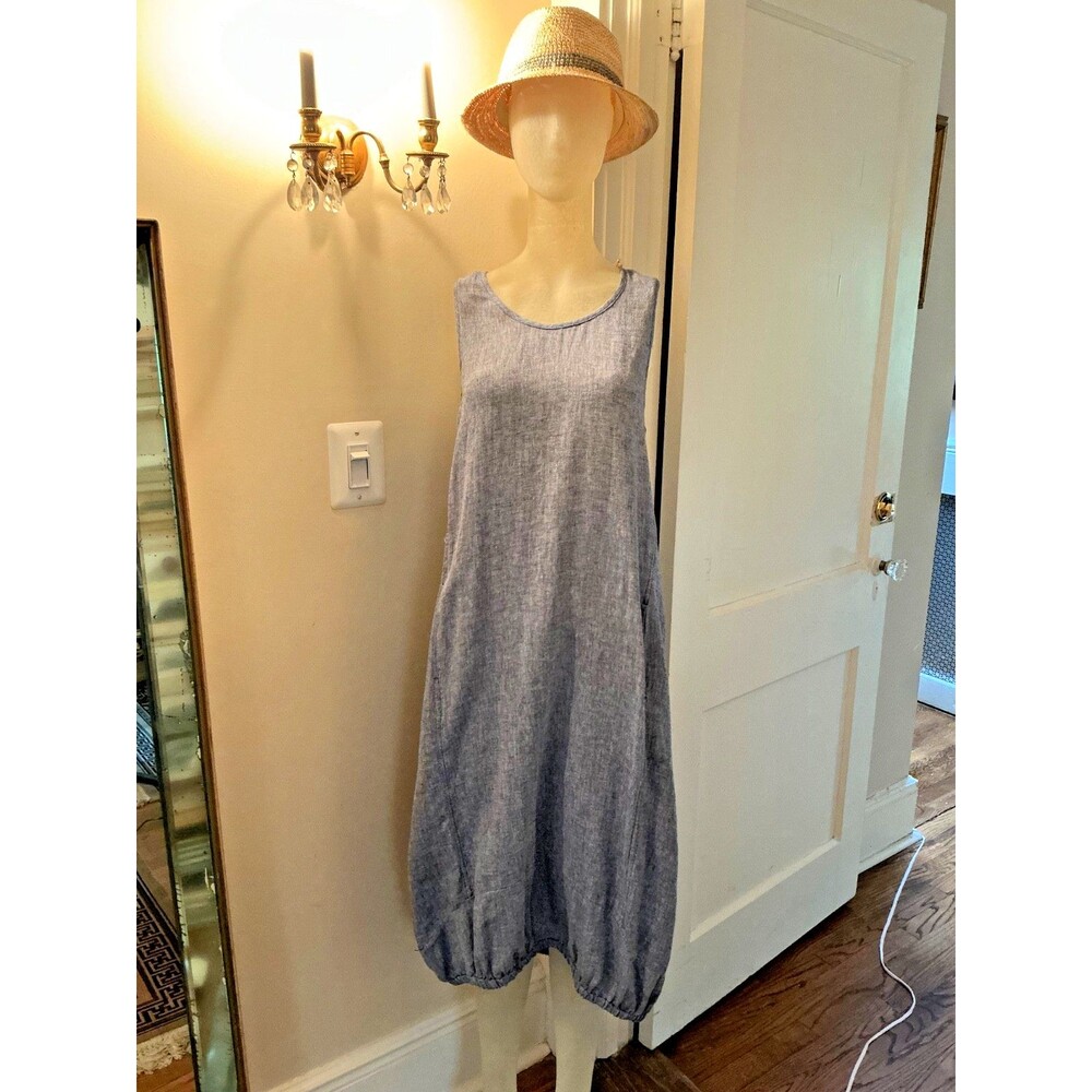NWT XCVI S Linen Lagenlook Minimalist Boho Dress MIDI Gathered Hem Pockets